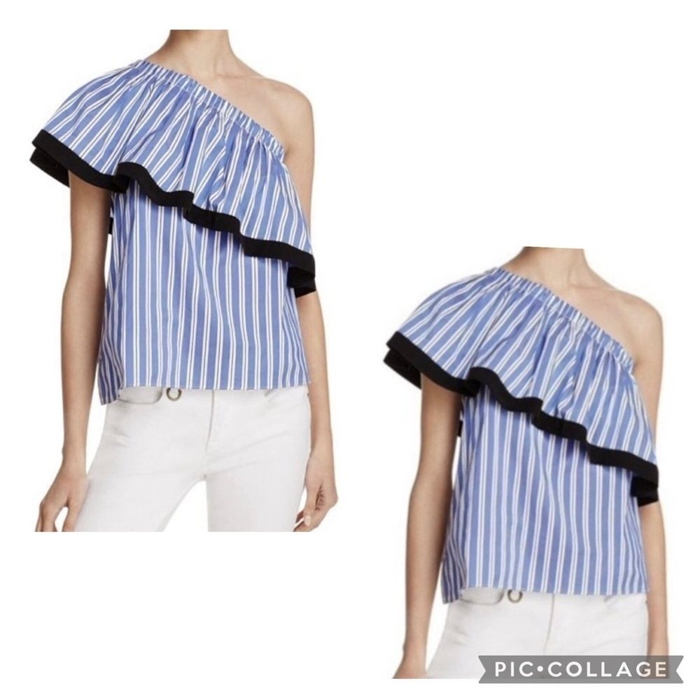 MILLY Women’s Blue Black Striped One Shoulder Sleeveless Ruffled Top Size Large